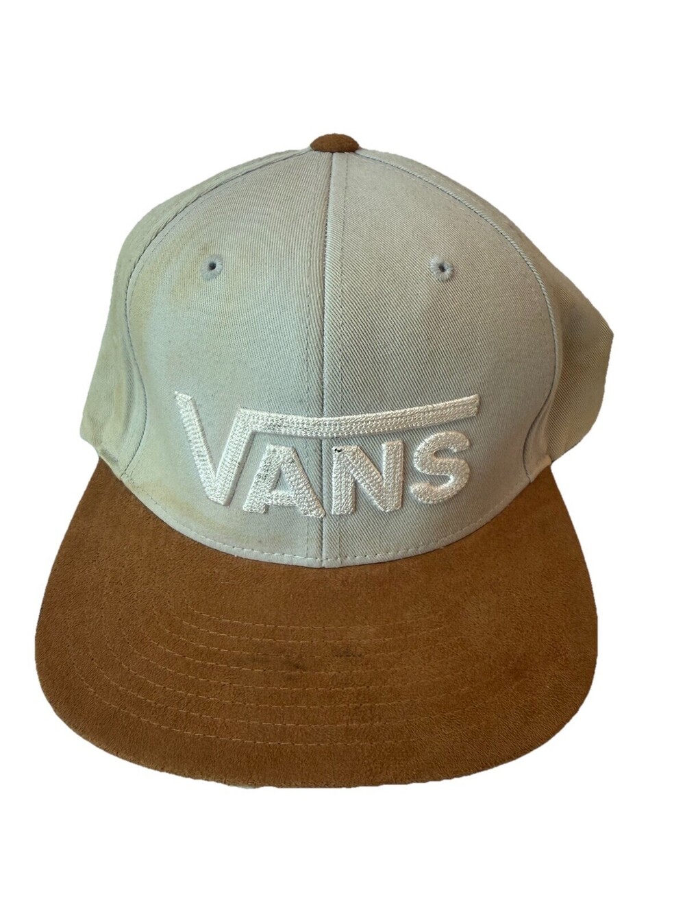 Vans Off The Wall Snapback Hat White & Tan Brown Suede Brim Adjustable Cap
